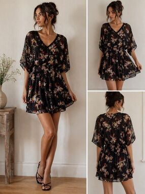 Express Black Floral V-Neck Mini Dress